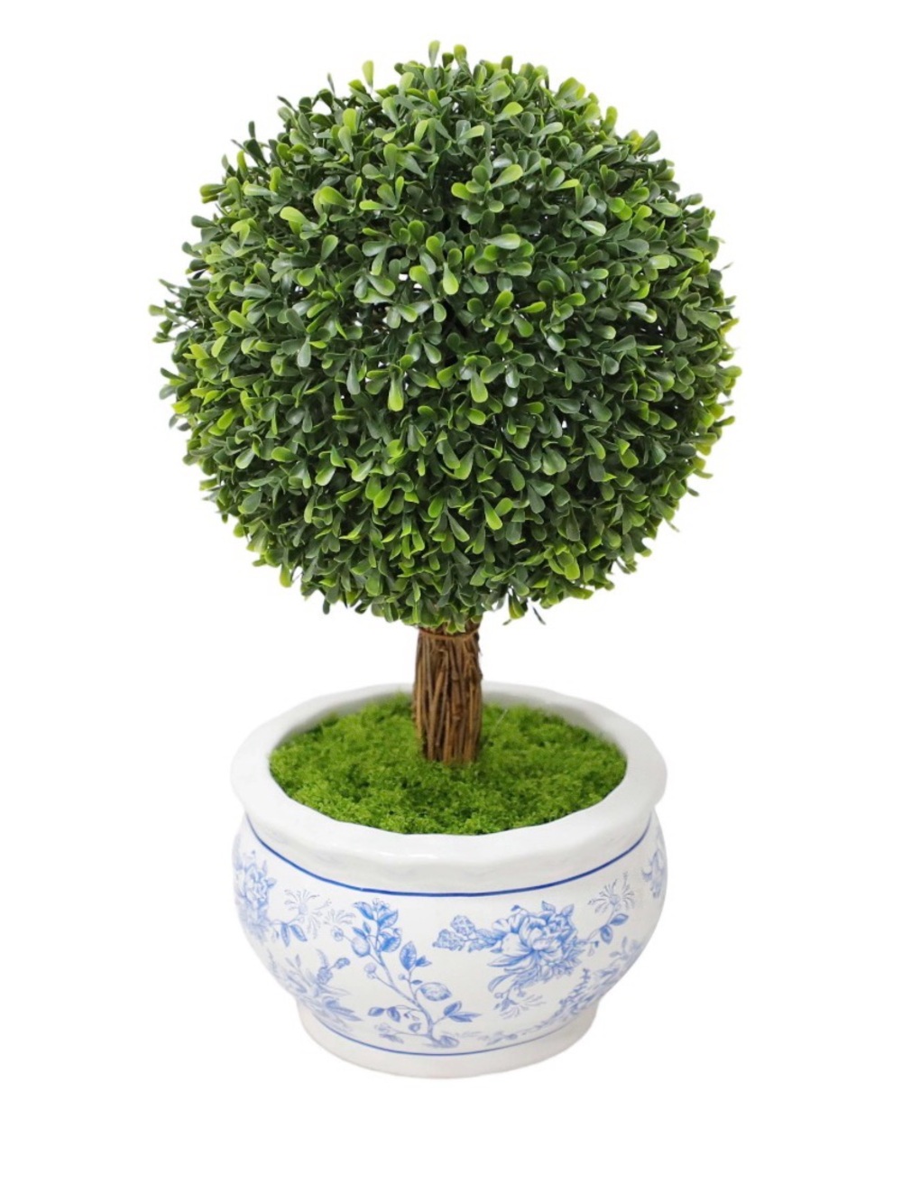New My Texas House Artificial Boxwood Topiary Blue & White Ceramic Planter 16 in